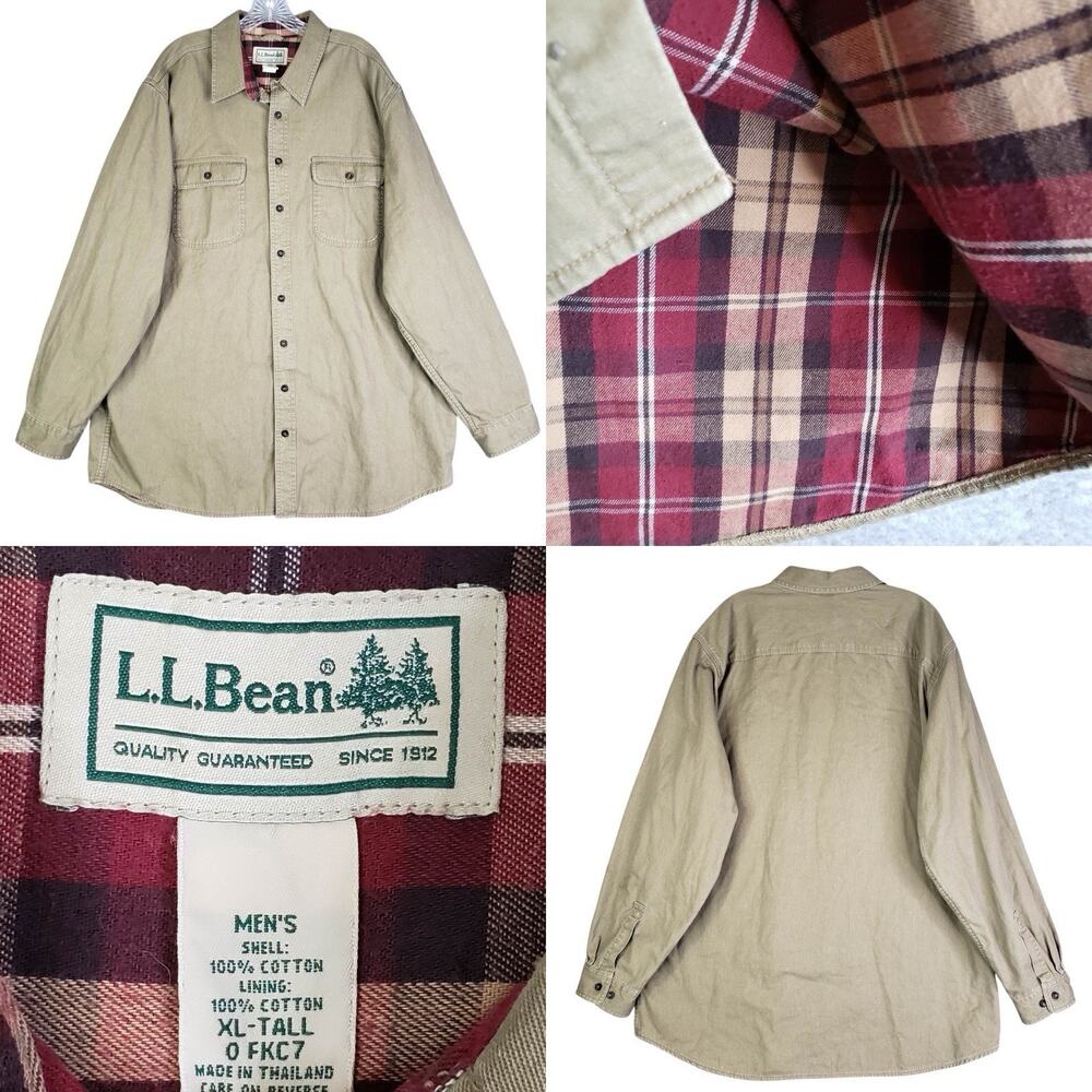 LL Bean Hurricane Shirt Jacket Mens Size XLT Traditional Flannel Lined Tan